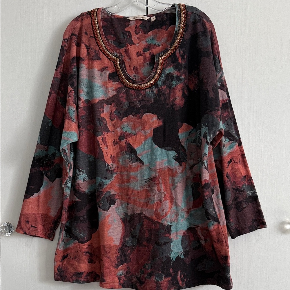 Soft Surroundings Domenica Bead/Embroidery Trim Relaxed Tunic Cotton Size 1X